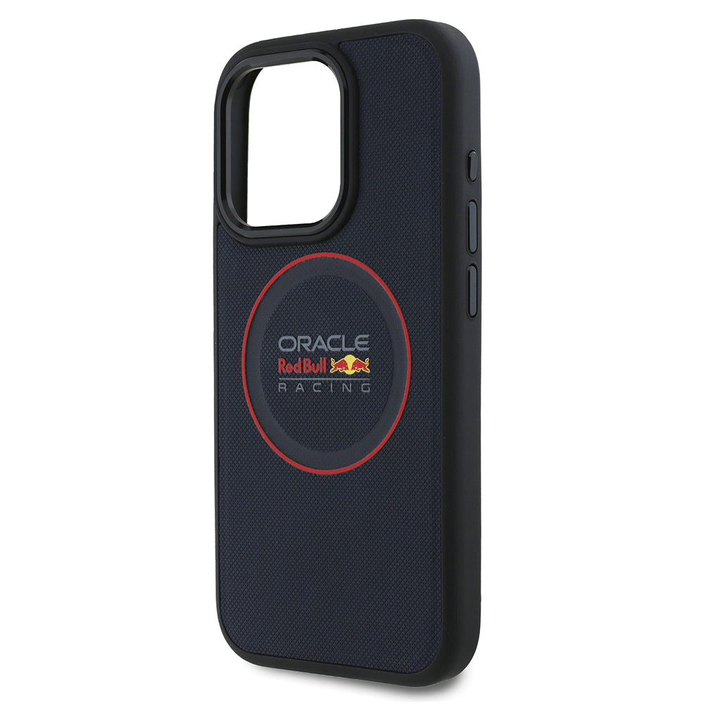 Apple iPhone 15 Pro Max Kılıf Redbull Orjinal Lisanslı M-safe Şarj Özellikli Kırmızı Halka ve Logo Kabartmalı PU Deri Kapak Lacivert