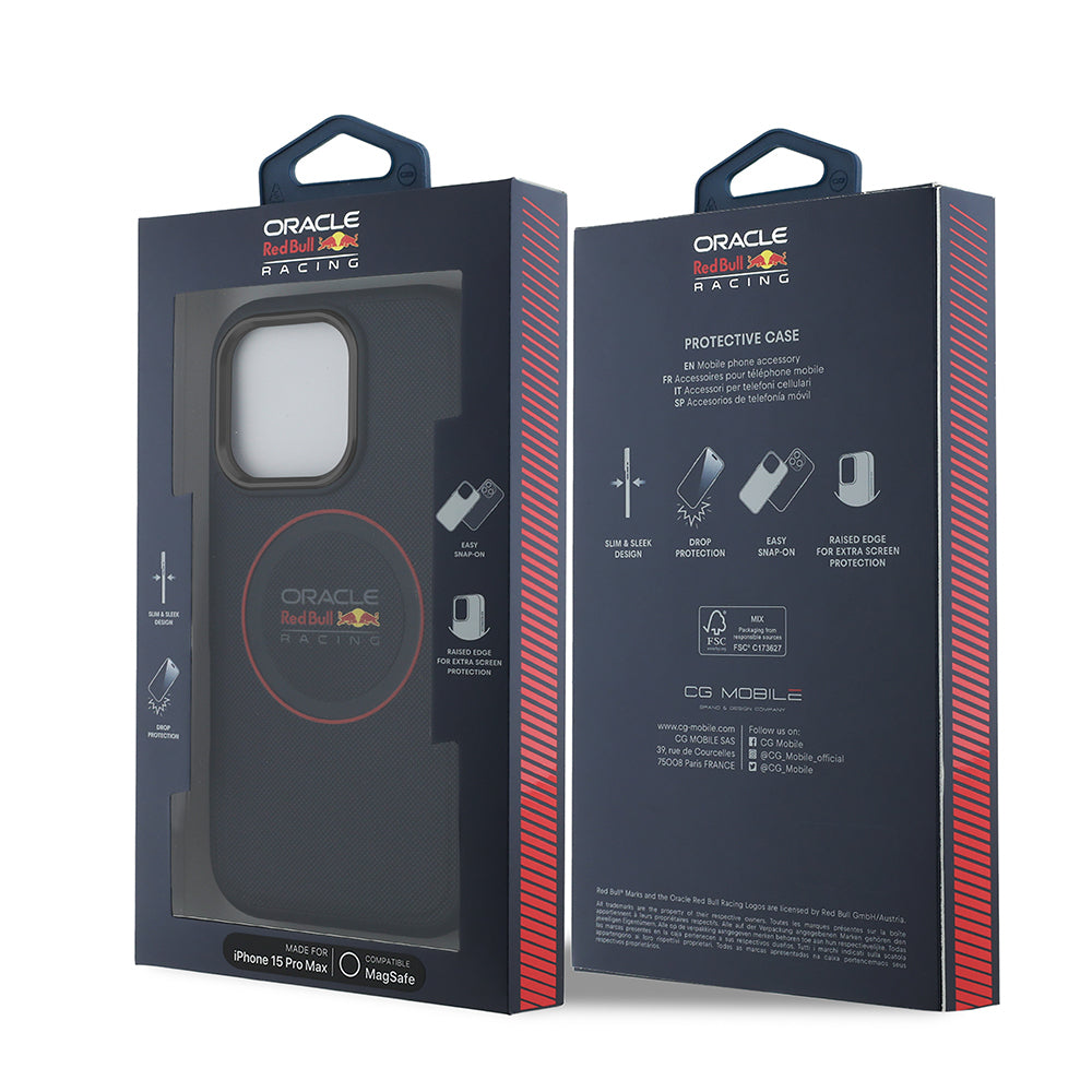 Apple iPhone 15 Pro Max Kılıf Redbull Orjinal Lisanslı M-safe Şarj Özellikli Kırmızı Halka ve Logo Kabartmalı PU Deri Kapak Lacivert