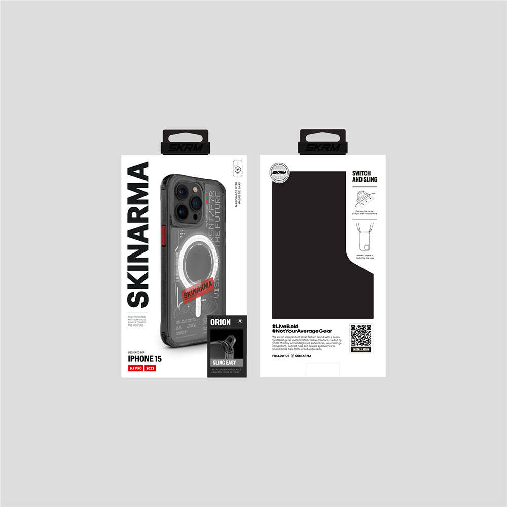 iPhone 15 Pro Max Kılıf SkinArma M-safe Şarj Özellikli Yazı Desenli Airbag Tasarımlı Orion Kılıf
