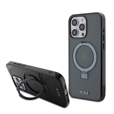 Apple iPhone 15 Pro Max Kılıf TUMI Orjinal Lisanslı Magsafe Şarj Özellikli PC TPU Metal Logolu Ring Standlı Kapak Siyah