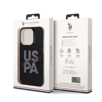 Apple iPhone 15 Pro Max Kılıf U.S. Polo Assn. Orjinal Lisanslı Simli Parlak Alfabe Tasarım Kapak Lacivert