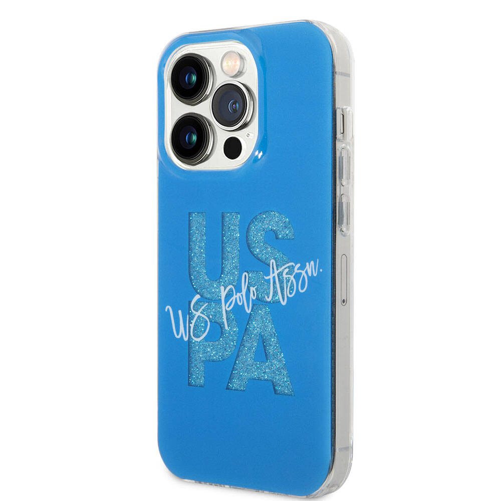 Apple iPhone 15 Pro Max Kılıf U.S. Polo Assn. Orjinal Lisanslı Simli Parlak Alfabe Tasarım Kapak Mavi