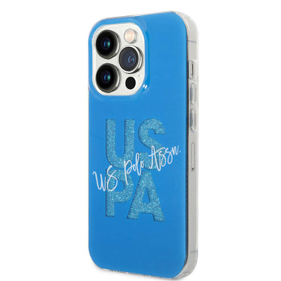 Apple iPhone 15 Pro Max Kılıf U.S. Polo Assn. Orjinal Lisanslı Simli Parlak Alfabe Tasarım Kapak Mavi