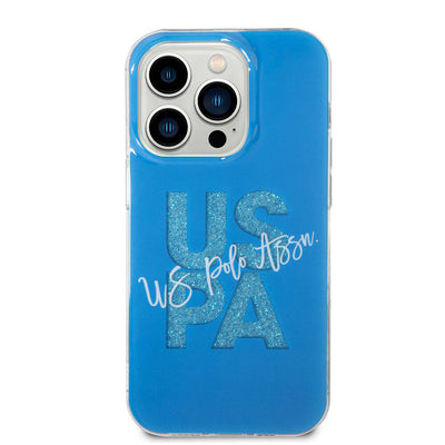 Apple iPhone 15 Pro Max Kılıf U.S. Polo Assn. Orjinal Lisanslı Simli Parlak Alfabe Tasarım Kapak Lacivert