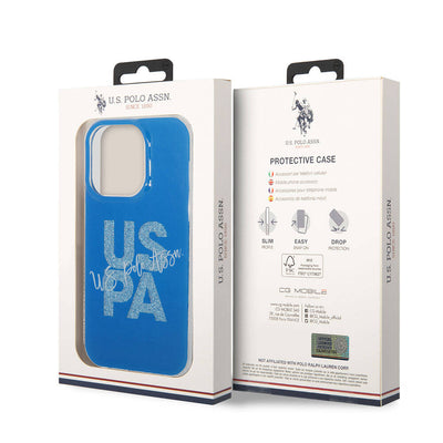 Apple iPhone 15 Pro Max Kılıf U.S. Polo Assn. Orjinal Lisanslı Simli Parlak Alfabe Tasarım Kapak Mavi