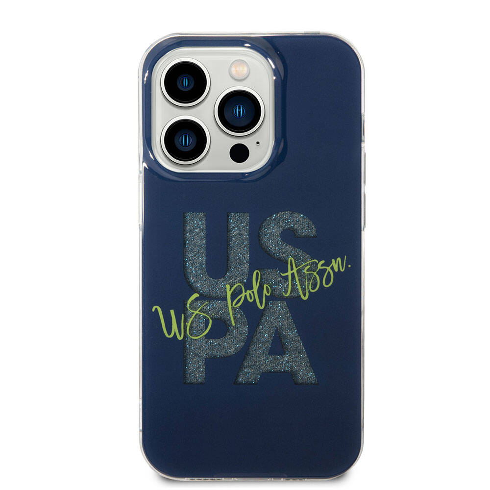Apple iPhone 15 Pro Max Kılıf U.S. Polo Assn. Orjinal Lisanslı Simli Parlak Alfabe Tasarım Kapak Mavi