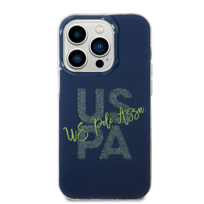 Apple iPhone 15 Pro Max Kılıf U.S. Polo Assn. Orjinal Lisanslı Simli Parlak Alfabe Tasarım Kapak Mavi