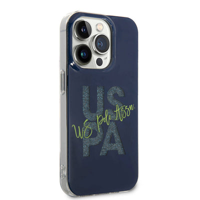 Apple iPhone 15 Pro Max Kılıf U.S. Polo Assn. Orjinal Lisanslı Simli Parlak Alfabe Tasarım Kapak Mavi