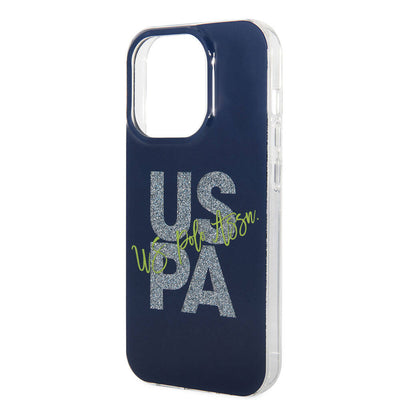 Apple iPhone 15 Pro Max Kılıf U.S. Polo Assn. Orjinal Lisanslı Simli Parlak Alfabe Tasarım Kapak Mavi