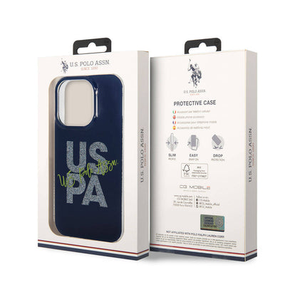 Apple iPhone 15 Pro Max Kılıf U.S. Polo Assn. Orjinal Lisanslı Simli Parlak Alfabe Tasarım Kapak Lacivert