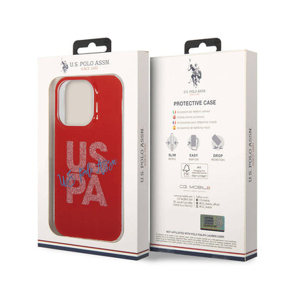 Apple iPhone 15 Pro Max Kılıf U.S. Polo Assn. Orjinal Lisanslı Simli Parlak Alfabe Tasarım Kapak Kırmızı