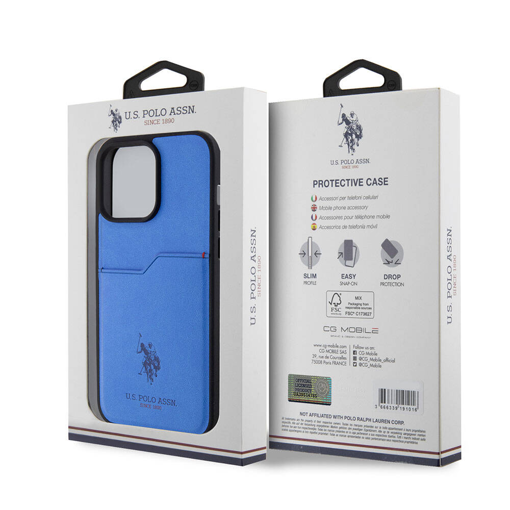 Apple iPhone 15 Pro Max Kılıf U.S. Polo Assn. Orjinal Lisanslı Baskı Logolu PU Kartlıklı Kapak Mavi