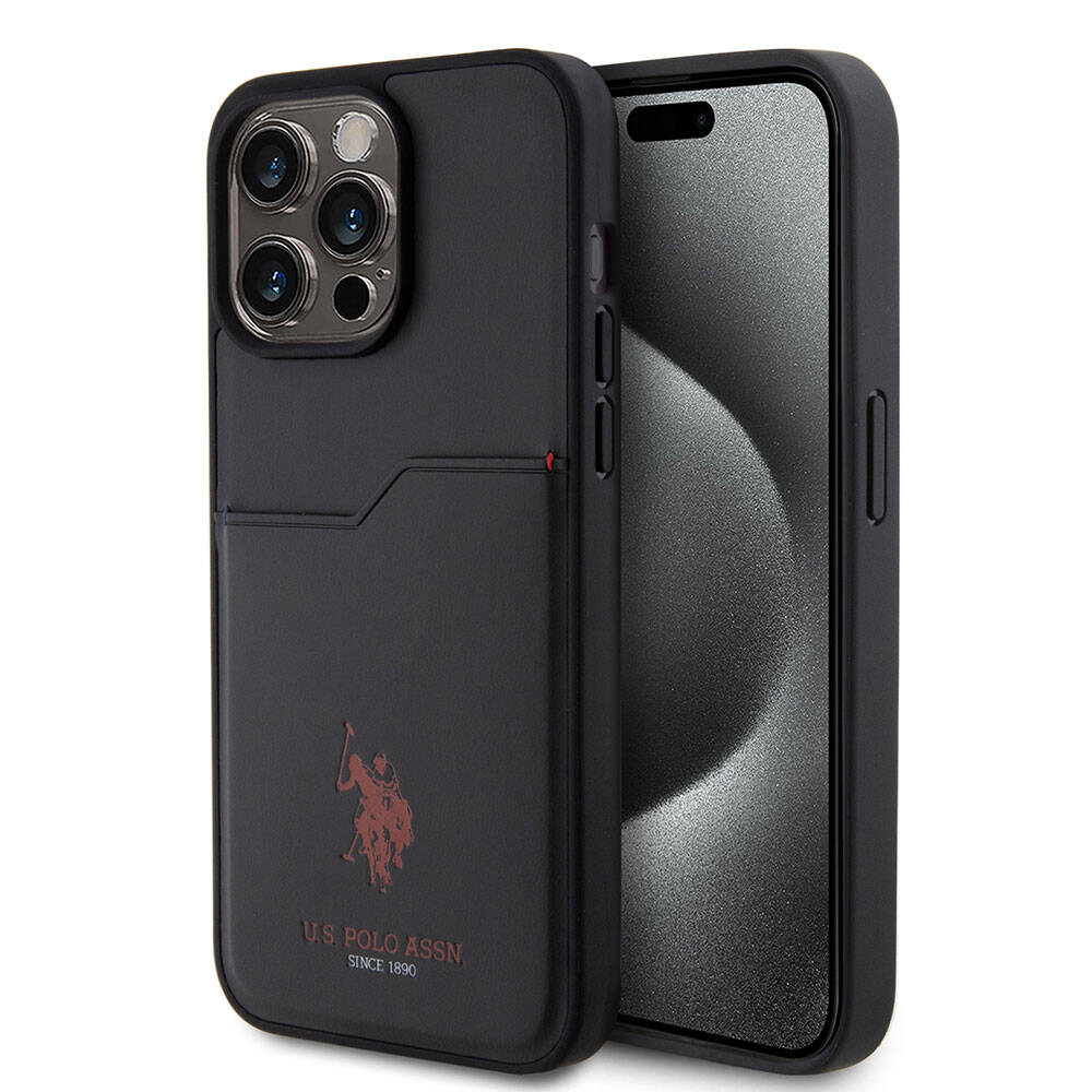 Apple iPhone 15 Pro Max Kılıf U.S. Polo Assn. Orjinal Lisanslı Baskı Logolu PU Kartlıklı Kapak Siyah