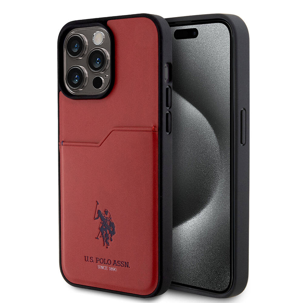 Apple iPhone 15 Pro Max Kılıf U.S. Polo Assn. Orjinal Lisanslı Baskı Logolu PU Kartlıklı Kapak Kırmızı