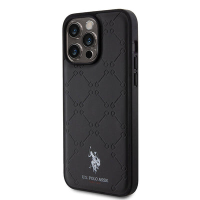 Apple iPhone 15 Pro Max Kılıf U.S. Polo Assn. Orjinal Lisanslı HS Desenli Baskı Logolu Suni Deri Kapak Siyah