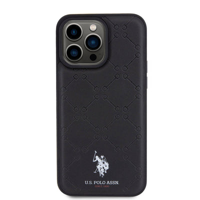 Apple iPhone 15 Pro Max Kılıf U.S. Polo Assn. Orjinal Lisanslı HS Desenli Baskı Logolu Suni Deri Kapak Siyah