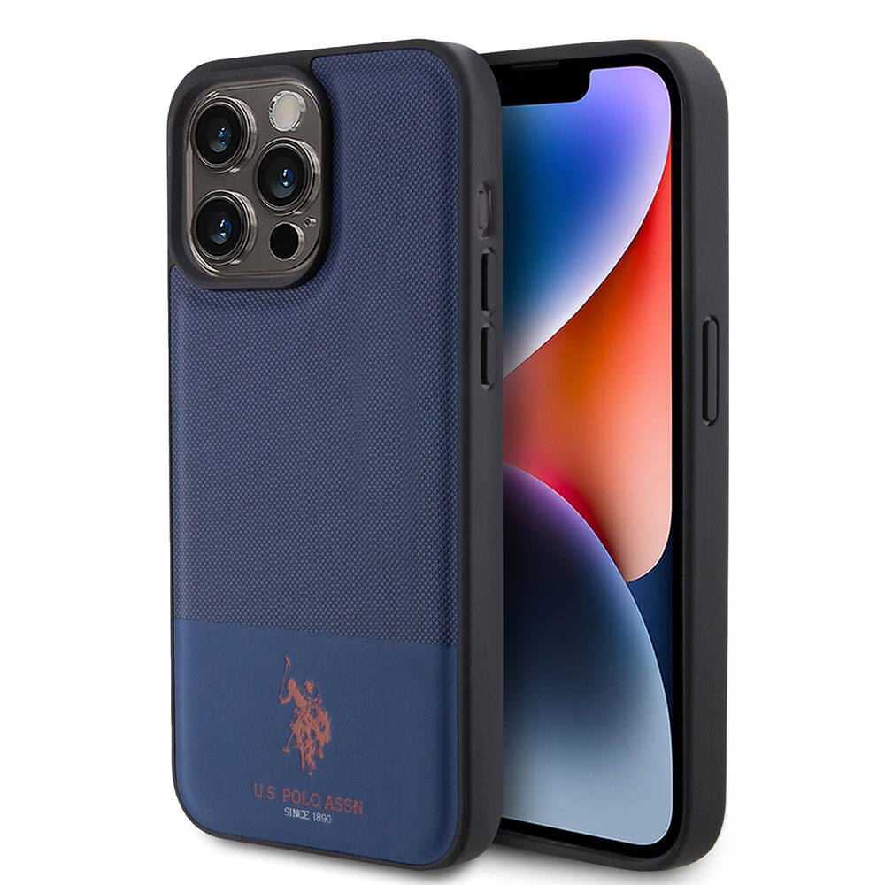 Apple iPhone 15 Pro Max Kılıf U.S. Polo Assn. Orjinal Lisanslı Suni Deri Arka Yüzey Baskı Logolu Örgü Desenli Kapak Lacivert