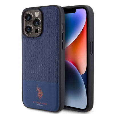 Apple iPhone 15 Pro Max Kılıf U.S. Polo Assn. Orjinal Lisanslı Suni Deri Arka Yüzey Baskı Logolu Örgü Desenli Kapak Lacivert
