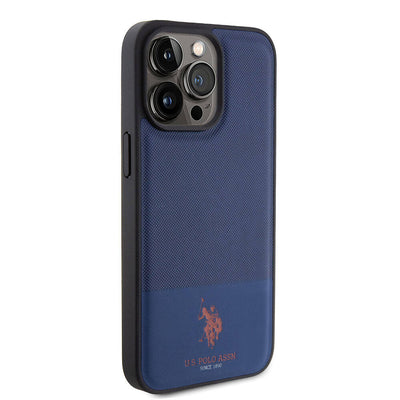 Apple iPhone 15 Pro Max Kılıf U.S. Polo Assn. Orjinal Lisanslı Suni Deri Arka Yüzey Baskı Logolu Örgü Desenli Kapak Lacivert