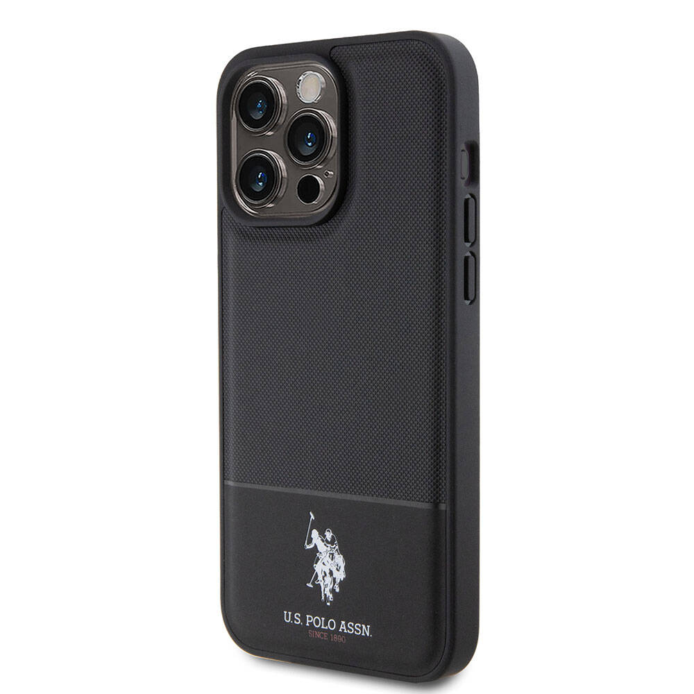 Apple iPhone 15 Pro Max Kılıf U.S. Polo Assn. Orjinal Lisanslı Suni Deri Arka Yüzey Baskı Logolu Örgü Desenli Kapak Lacivert
