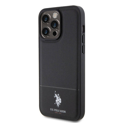 Apple iPhone 15 Pro Max Kılıf U.S. Polo Assn. Orjinal Lisanslı Suni Deri Arka Yüzey Baskı Logolu Örgü Desenli Kapak Lacivert