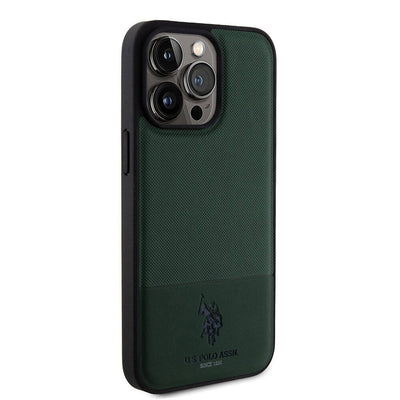 Apple iPhone 15 Pro Max Kılıf U.S. Polo Assn. Orjinal Lisanslı Suni Deri Arka Yüzey Baskı Logolu Örgü Desenli Kapak Lacivert