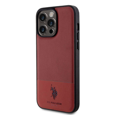 Apple iPhone 15 Pro Max Kılıf U.S. Polo Assn. Orjinal Lisanslı Suni Deri Arka Yüzey Baskı Logolu Örgü Desenli Kapak Kırmızı