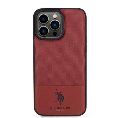 Apple iPhone 15 Pro Max Kılıf U.S. Polo Assn. Orjinal Lisanslı Suni Deri Arka Yüzey Baskı Logolu Örgü Desenli Kapak Kırmızı