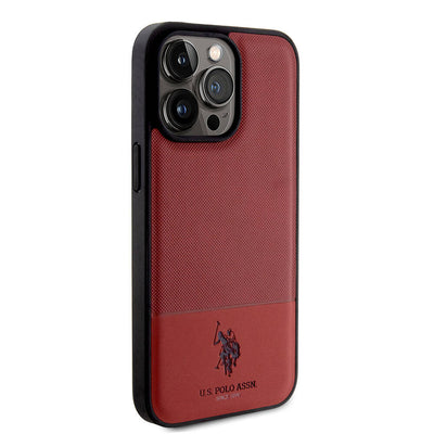 Apple iPhone 15 Pro Max Kılıf U.S. Polo Assn. Orjinal Lisanslı Suni Deri Arka Yüzey Baskı Logolu Örgü Desenli Kapak Kırmızı