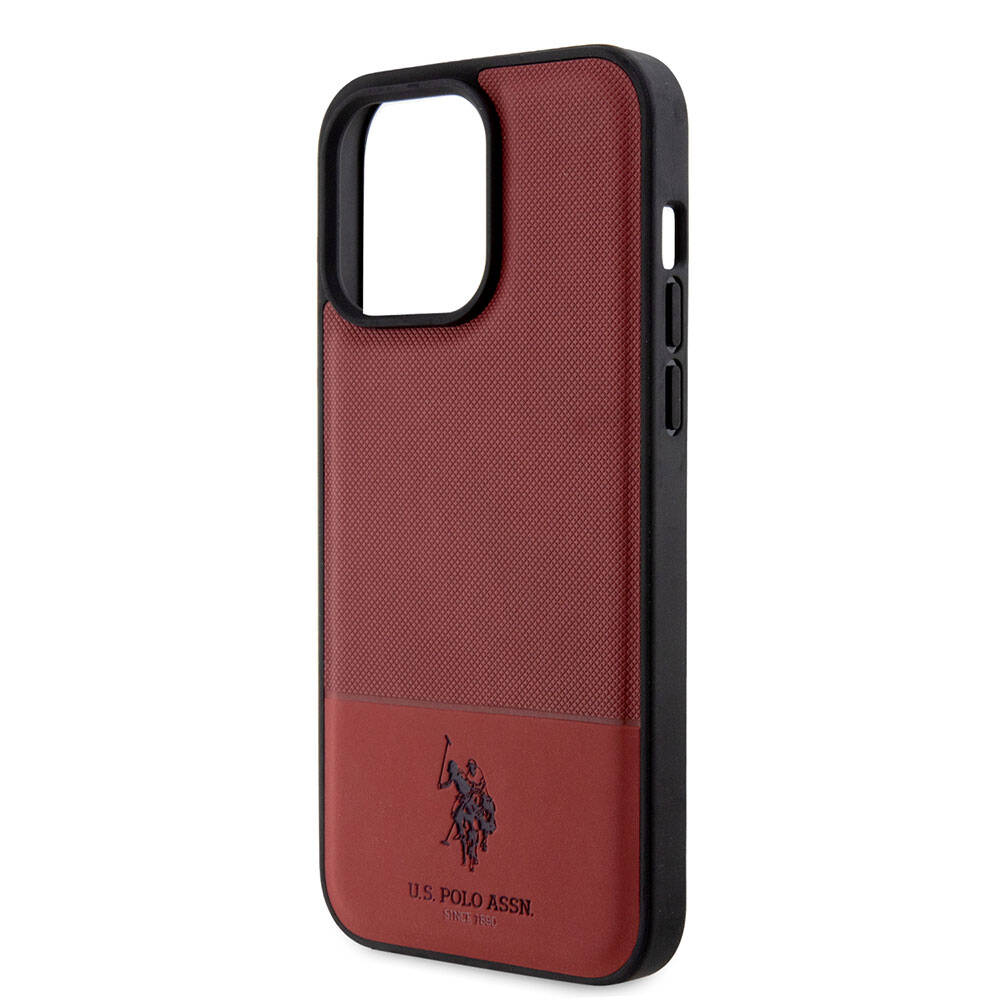 Apple iPhone 15 Pro Max Kılıf U.S. Polo Assn. Orjinal Lisanslı Suni Deri Arka Yüzey Baskı Logolu Örgü Desenli Kapak Lacivert