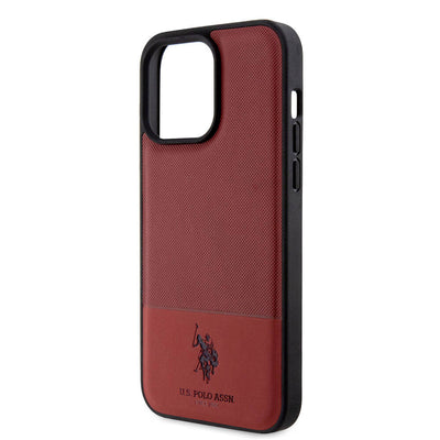 Apple iPhone 15 Pro Max Kılıf U.S. Polo Assn. Orjinal Lisanslı Suni Deri Arka Yüzey Baskı Logolu Örgü Desenli Kapak Lacivert