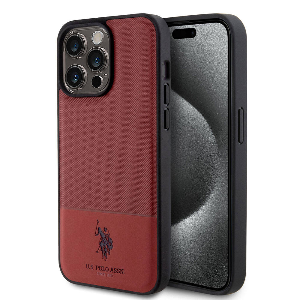 Apple iPhone 15 Pro Max Kılıf U.S. Polo Assn. Orjinal Lisanslı Suni Deri Arka Yüzey Baskı Logolu Örgü Desenli Kapak Kırmızı