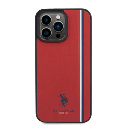 Apple iPhone 15 Pro Max Kılıf U.S. Polo Assn. Orjinal Lisanslı Üç Renk Şerit Tasarımlı Baskı Logolu Kapak Kırmızı