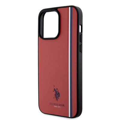 Apple iPhone 15 Pro Max Kılıf U.S. Polo Assn. Orjinal Lisanslı Üç Renk Şerit Tasarımlı Baskı Logolu Kapak Kırmızı