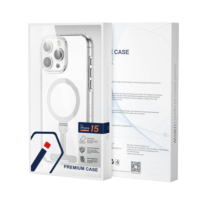 Apple iPhone 15 Pro Max Kılıf Wiwu FYY-014 Magsafe Şarj Özellikli Alüminyum Alaşım Metal Standlı Şeffaf Kapak Renksiz