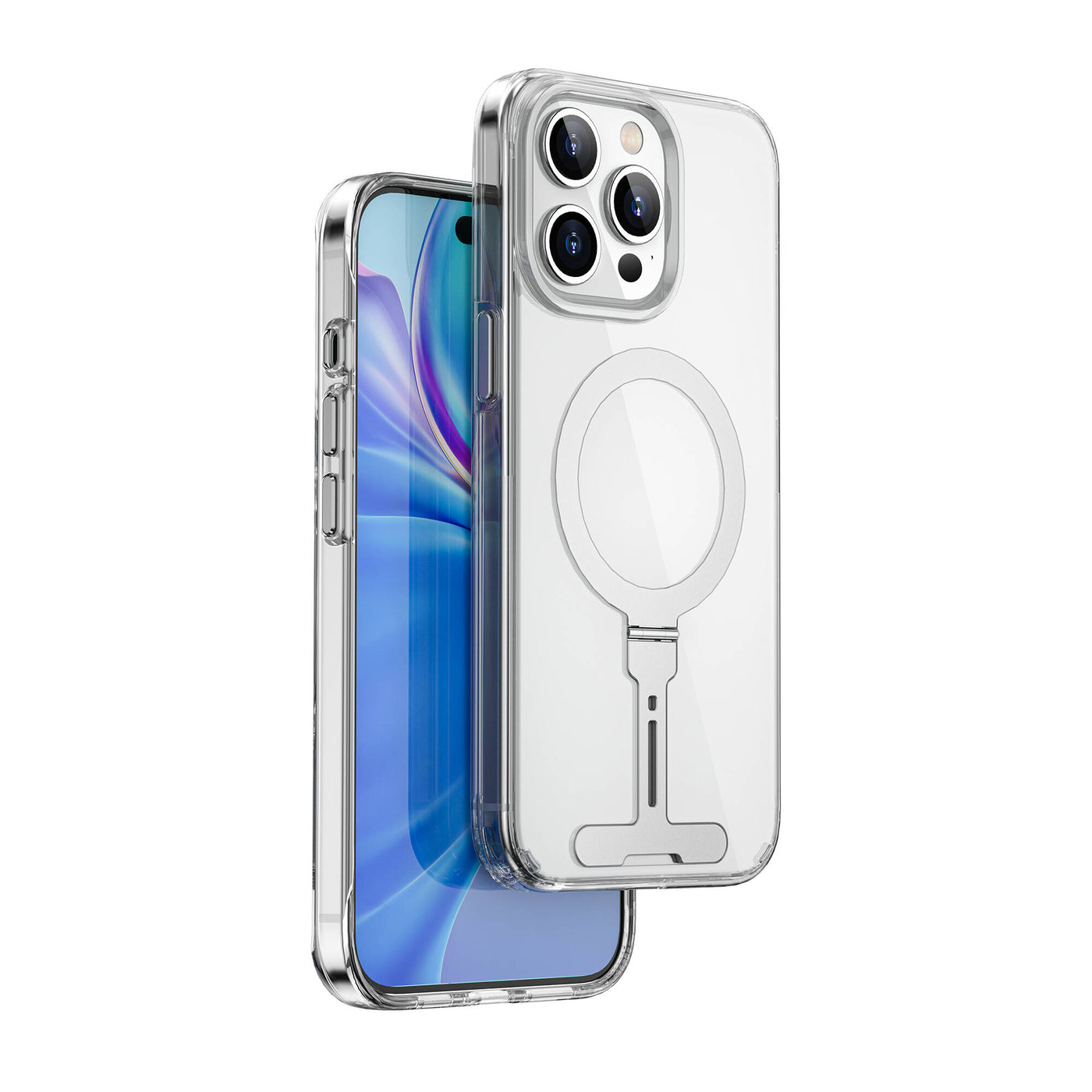 Apple iPhone 15 Pro Max Kılıf Wiwu FYY-014 Magsafe Şarj Özellikli Alüminyum Alaşım Metal Standlı Şeffaf Kapak Renksiz