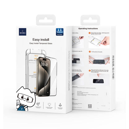 iPhone 15 Pro Max Wiwu SQ-008 Oleofobik Easy Install Darbeye Karşı Dayanıklı Temperli Cam Ekran Koruyucu + Kolay Uygulama Aparatlı