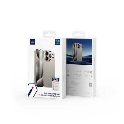 iPhone 15 Pro Wiwu Wi-IP002 2in1 Temperli Cam Ahize Toz Önleyici Ekran Koruyucu ve Kamera Lens Koruyucu Set