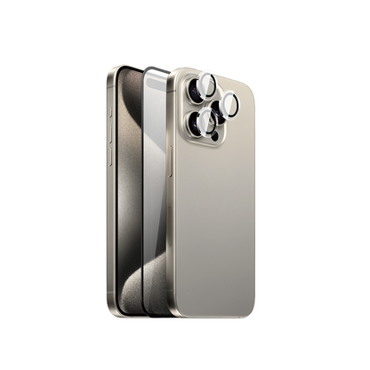 iPhone 15 Pro Wiwu Wi-IP002 2in1 Temperli Cam Ahize Toz Önleyici Ekran Koruyucu ve Kamera Lens Koruyucu Set