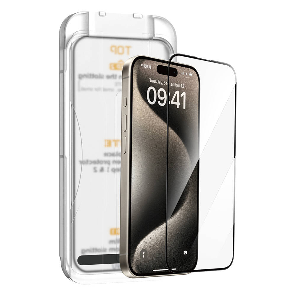 iPhone 15 Wiwu SQ-008 Oleofobik Easy Install Darbeye Karşı Dayanıklı Temperli Cam Ekran Koruyucu + Kolay Uygulama Aparatlı