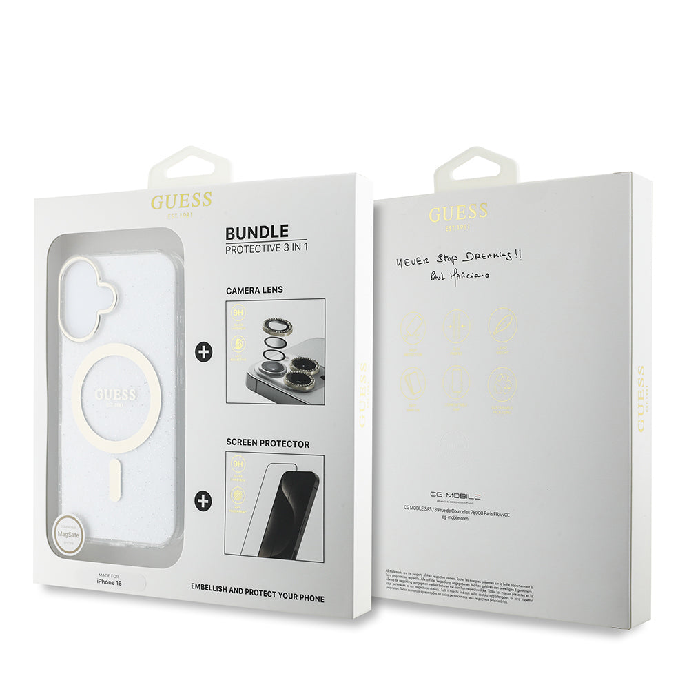 iPhone 16 Guess Orjinal Lisanslı 3'lü Aksesuar Seti IML Baskılı Simli Glitter Kılıf + Ekran Koruyucu + Lens Koruyucu