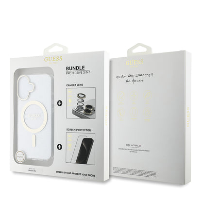 iPhone 16 Guess Orjinal Lisanslı 3'lü Aksesuar Seti IML Baskılı Simli Glitter Kılıf + Ekran Koruyucu + Lens Koruyucu