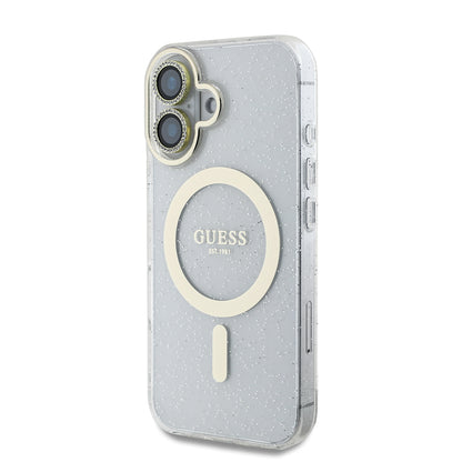 iPhone 16 Guess Orjinal Lisanslı 3'lü Aksesuar Seti IML Baskılı Simli Glitter Kılıf + Ekran Koruyucu + Lens Koruyucu