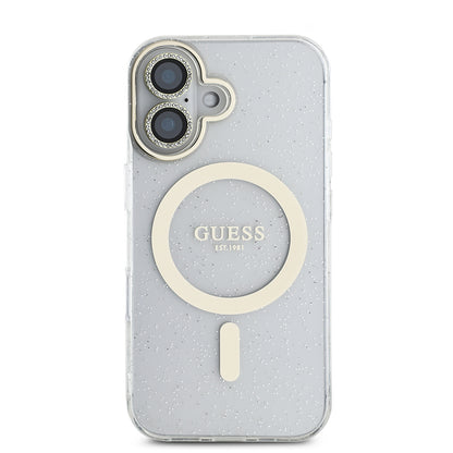 iPhone 16 Guess Orjinal Lisanslı 3'lü Aksesuar Seti IML Baskılı Simli Glitter Kılıf + Ekran Koruyucu + Lens Koruyucu