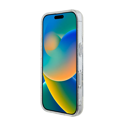 Apple iPhone 16 Guess Orjinal Lisanslı 3'lü Aksesuar Seti IML Baskılı Simli Glitter Kılıf + Ekran Koruyucu + Lens Koruyucu Şeffaf