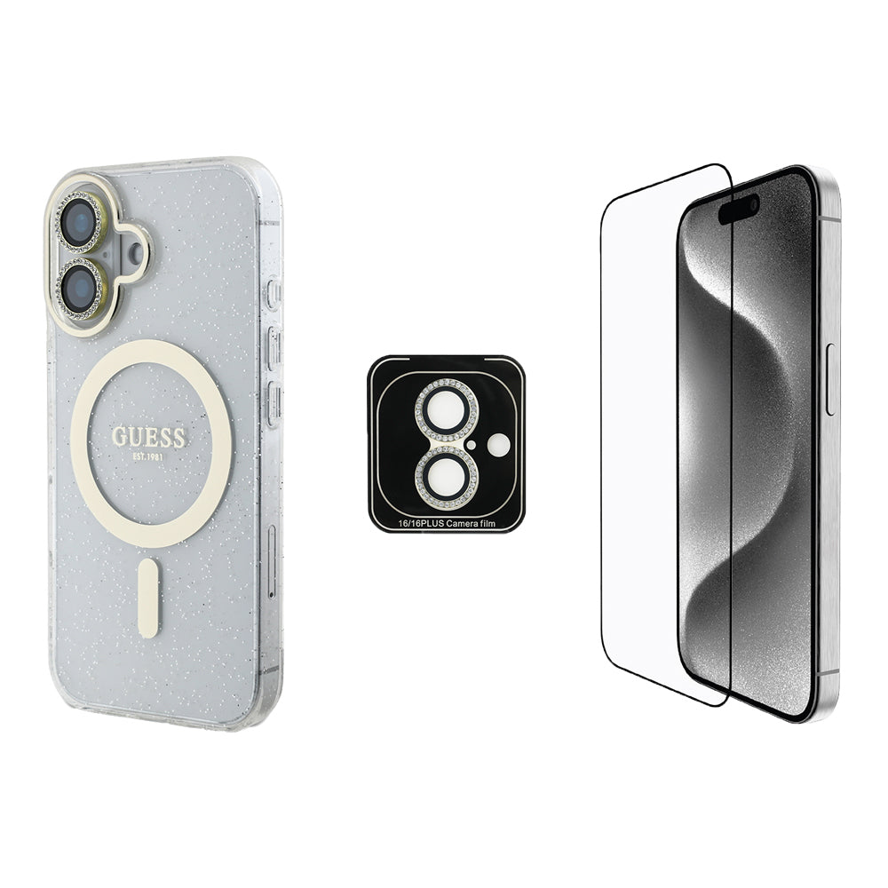 iPhone 16 Guess Orjinal Lisanslı 3'lü Aksesuar Seti IML Baskılı Simli Glitter Kılıf + Ekran Koruyucu + Lens Koruyucu