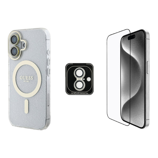 iPhone 16 Guess Orjinal Lisanslı 3'lü Aksesuar Seti IML Baskılı Simli Glitter Kılıf + Ekran Koruyucu + Lens Koruyucu