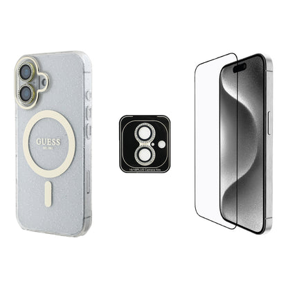 iPhone 16 Guess Orjinal Lisanslı 3'lü Aksesuar Seti IML Baskılı Simli Glitter Kılıf + Ekran Koruyucu + Lens Koruyucu