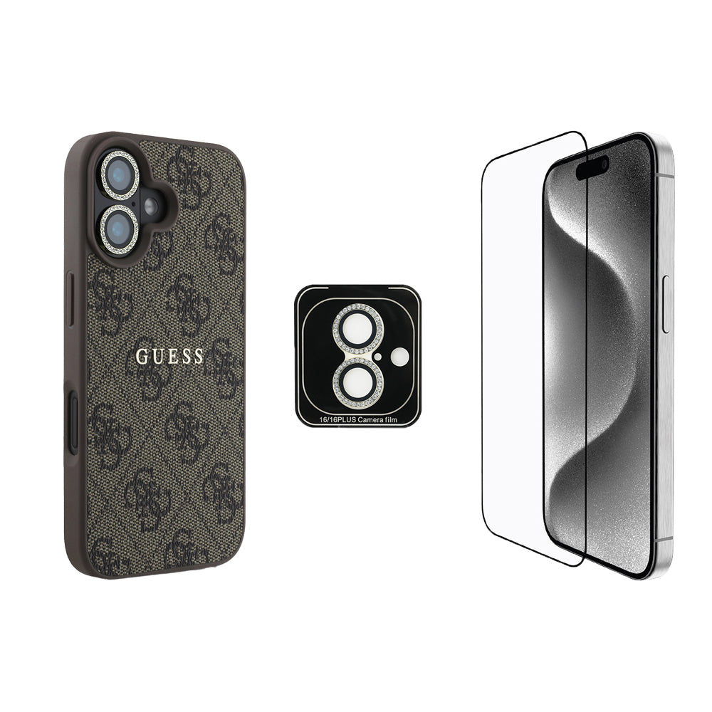 Apple iPhone 16 Guess Orjinal Lisanslı Kılıf + Ekran Koruyucu + Lens Koruyucu 3in1 Aksesuar Seti Pembe