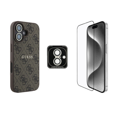 Apple iPhone 16 Guess Orjinal Lisanslı Kılıf + Ekran Koruyucu + Lens Koruyucu 3in1 Aksesuar Seti Pembe